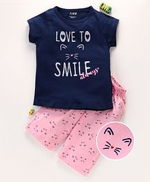 Fido Half Sleeves Night Suit Kitty Print - Blue Pink Fido Half Sleeves Night Suit Kitty Print - Blue Pink
