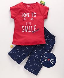 Fido Half Sleeves Night Suit Kitty Print - Blue Red Fido Half Sleeves Night Suit Kitty Print - Blue Red