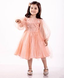 Jelly Jones Full Sleeves Net Flared Thread Work Detailing Floral Decor Dress - Peach Jelly Jones Full Sleeves Net Flared Thread Work Detailing Floral Decor Dress - Peach