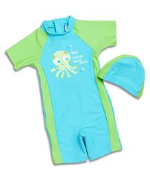 Pre Order - Awabox Octopus Print Half Sleeves Swimsuit With Cap - Light Green Pre Order - Awabox Octopus Print Half Sleeves Swimsuit With Cap - Light Green