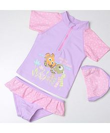 Pre Order - Awabox Fish Printed Half Sleeves Two Piece Swimsuit With Cap - Purple Pre Order - Awabox Fish Printed Half Sleeves Two Piece Swimsuit With Cap - Purple