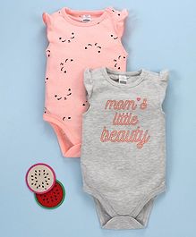 LC Waikiki Sleeveless Set Of 2 Text & Cartoon Printed Onesie - Peach & Grey LC Waikiki Sleeveless Set Of 2 Text & Cartoon Printed Onesie - Peach & Grey