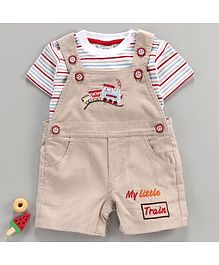 Wonderchild Half Sleeves Striped Tee With Dungaree Style Romper - Beige Wonderchild Half Sleeves Striped Tee With Dungaree Style Romper - Beige