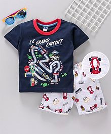 Teddy Half Sleeves T-Shirt & Shorts Race Track Print - Blue Grey Teddy Half Sleeves T-Shirt & Shorts Race Track Print - Blue Grey