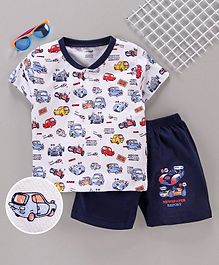 Cucumber Half Sleeves Tee & Shorts Car Print - White Navy Blue Cucumber Half Sleeves Tee & Shorts Car Print - White Navy Blue