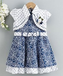 Enfance Core Flower Printed Flared Dress With Checkered Jacket - Blue Enfance Core Flower Printed Flared Dress With Checkered Jacket - Blue