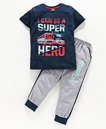 DEAR TO DAD Half Sleeves Bus Print Detailing Tee & Lounge Pants Set - Navy Blue DEAR TO DAD Half Sleeves Bus Print Detailing Tee & Lounge Pants Set - Navy Blue