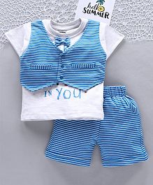Mini Taurus Half Sleeves Tee with Attached Waistcoat and Stripe Shorts Bow Applique Blue White Mini Taurus Half Sleeves Tee with Attached Waistcoat and Stripe Shorts Bow Applique Blue White