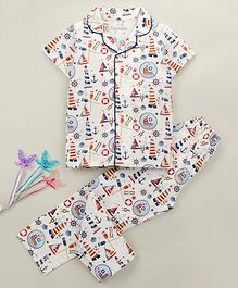 Sheer Love Anchor Print Half Sleeves Night Suit - White Sheer Love Anchor Print Half Sleeves Night Suit - White