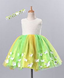 Li&Li BOUTIQUE Pearl Embellished Sleeveless Butterfly Applique Dress With Headband - Yellow & Green Li&Li BOUTIQUE Pearl Embellished Sleeveless Butterfly Applique Dress With Headband - Yellow & Green