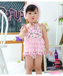 Cherry Blossoms Flower Print Sleeveless Swim Top With Cap & Bloomer - Pink Cherry Blossoms Flower Print Sleeveless Swim Top With Cap & Bloomer - Pink