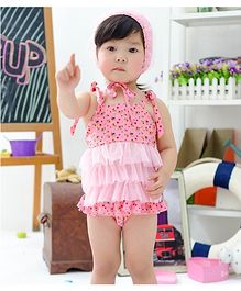 Cherry Blossoms Flower Print Sleeveless Swim Top With Cap & Bloomer - Pink Cherry Blossoms Flower Print Sleeveless Swim Top With Cap & Bloomer - Pink