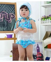 Cherry Blossoms Flower Print Sleeveless Swim Top With Cap & Bloomer - Blue Cherry Blossoms Flower Print Sleeveless Swim Top With Cap & Bloomer - Blue