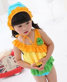 Cherry Blossoms Flower Applique Ruffled Sleeveless Swimsuit With Cap - Yellow Cherry Blossoms Flower Applique Ruffled Sleeveless Swimsuit With Cap - Yellow