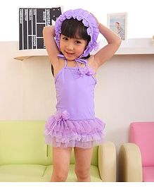 Cherry Blossoms Tulle Ruffled Sleeveless Swimsuit With Cap - Purple Cherry Blossoms Tulle Ruffled Sleeveless Swimsuit With Cap - Purple
