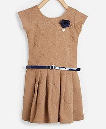 Powderfly Cap Sleeves Floral Decor Dress With Belt - Brown Powderfly Cap Sleeves Floral Decor Dress With Belt - Brown