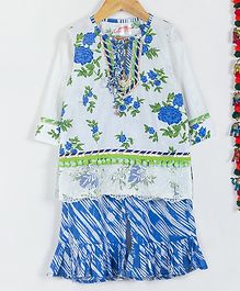 Little Bansi Flower Print Full Sleeves Kurta With Sharara & Dupatta - White & Blue Little Bansi Flower Print Full Sleeves Kurta With Sharara & Dupatta - White & Blue