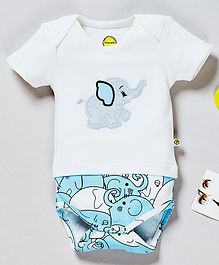 Pranava Organic Cotton Half Sleeves Elephant Patch Detailed Onesie - White & Light Blue Pranava Organic Cotton Half Sleeves Elephant Patch Detailed Onesie - White & Light Blue