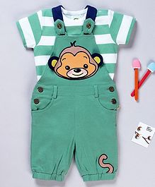 Pranava Organic Cotton Half Sleeves Striped Tee With Monkey Patch Detailing Dungaree - Green & White Pranava Organic Cotton Half Sleeves Striped Tee With Monkey Patch Detailing Dungaree - Green & White