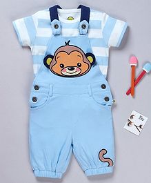 Pranava Organic Cotton Half Sleeves Striped Tee With Monkey Patch Detailing Dungaree - Sky Blue & White Pranava Organic Cotton Half Sleeves Striped Tee With Monkey Patch Detailing Dungaree - Sky Blue & White