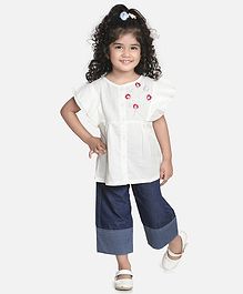 Aww Hunnie Half Sleeves Embroidery Work Top With Straight Pants - White & Blue Aww Hunnie Half Sleeves Embroidery Work Top With Straight Pants - White & Blue