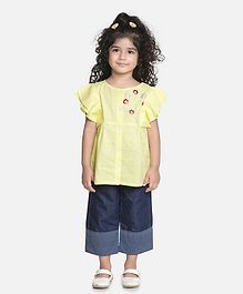 Aww Hunnie Half Sleeves Embroidery Work Top With Straight Pants - Yellow & Blue Aww Hunnie Half Sleeves Embroidery Work Top With Straight Pants - Yellow & Blue