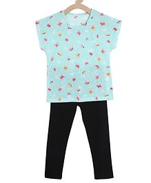Tiara Short Sleeves Butterfly Printed Top & Leggings Set - Light Blue Tiara Short Sleeves Butterfly Printed Top & Leggings Set - Light Blue