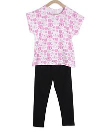 Tiara Short Sleeves Cat Face Printed Top & Leggings Set - Pink Tiara Short Sleeves Cat Face Printed Top & Leggings Set - Pink