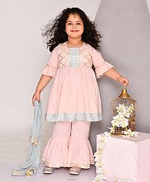 Amairaa Three Fourth Sleeves Gota Detailing Fit & Flared Kurta With Sharara & Dupatta - Baby Pink Amairaa Three Fourth Sleeves Gota Detailing Fit & Flared Kurta With Sharara & Dupatta - Baby Pink