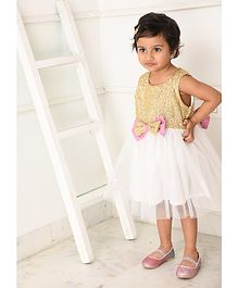 Amairaa Sleeveless Gold Sequined Bow Flared Dress - White & Golden Amairaa Sleeveless Gold Sequined Bow Flared Dress - White & Golden