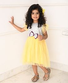Amairaa Half Sleeves Silver Sequined Bow Netted Yoke Dress - Yellow & Purple Amairaa Half Sleeves Silver Sequined Bow Netted Yoke Dress - Yellow & Purple