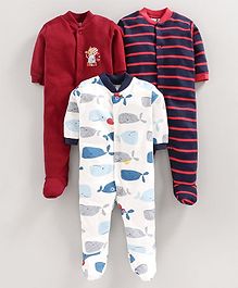 Kidi Wav Whale Print Full Sleeves Pack Of 3 Sleep Suits - Red Kidi Wav Whale Print Full Sleeves Pack Of 3 Sleep Suits - Red