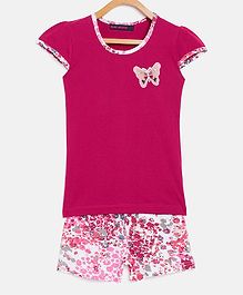 Nins Moda Short Sleeves Butterfly Patch Detailing Night Suit - Pink Nins Moda Short Sleeves Butterfly Patch Detailing Night Suit - Pink