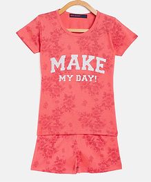 Nins Moda Half Sleeves Self Flower Printed Night Suit - Peach Nins Moda Half Sleeves Self Flower Printed Night Suit - Peach