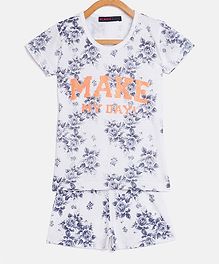 Nins Moda Half Sleeves Self Flower Printed Night Suit - White Nins Moda Half Sleeves Self Flower Printed Night Suit - White