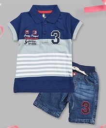 Crazy Penguin Short Sleeves Striped Polo T-Shirt & Denim Shorts Set - Blue Crazy Penguin Short Sleeves Striped Polo T-Shirt & Denim Shorts Set - Blue