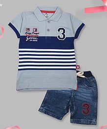 Crazy Penguin Short Sleeves Striped Polo T-Shirt & Denim Shorts Set - Grey Crazy Penguin Short Sleeves Striped Polo T-Shirt & Denim Shorts Set - Grey