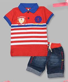 Crazy Penguin Short Sleeves Striped Polo T-Shirt & Denim Shorts Set - Red Crazy Penguin Short Sleeves Striped Polo T-Shirt & Denim Shorts Set - Red