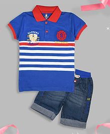 Crazy Penguin Short Sleeves Striped Polo T-Shirt & Denim Shorts Set - Blue Crazy Penguin Short Sleeves Striped Polo T-Shirt & Denim Shorts Set - Blue