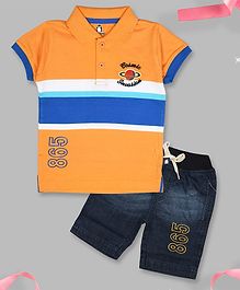 Crazy Penguin Short Sleeves Striped Polo T-Shirt & Denim Shorts Set - Orange Crazy Penguin Short Sleeves Striped Polo T-Shirt & Denim Shorts Set - Orange