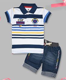 Crazy Penguin Short Sleeves Striped T-Shirt and Denim Shorts Set - White & Deep Blue Crazy Penguin Short Sleeves Striped T-Shirt and Denim Shorts Set - White & Deep Blue