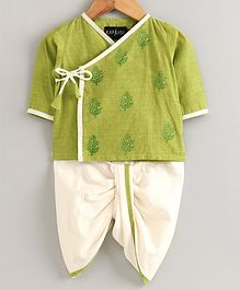 Kapaasa Full Sleeves Flower Block Print Angrakha Kurta & Dhoti Set - Light Green Kapaasa Full Sleeves Flower Block Print Angrakha Kurta & Dhoti Set - Light Green