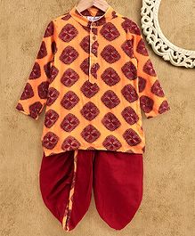 M'andy Block Print Full Sleeves Kurta With Dhoti - Orange M'andy Block Print Full Sleeves Kurta With Dhoti - Orange