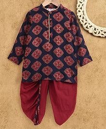 M'andy Block Print Full Sleeves Kurta With Dhoti - Blue M'andy Block Print Full Sleeves Kurta With Dhoti - Blue