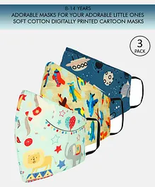 Tossido 8 to 14 Years 3 Ply Cotton Elastic Kids Masks Animal Print Blue Yellow - Pack of 3
