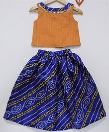 Many frocks & Sleeveless Top With Bandhani Lehenga Set - Mustard & Blue Many frocks & Sleeveless Top With Bandhani Lehenga Set - Mustard & Blue