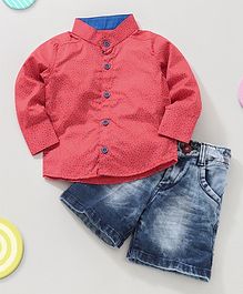 Knotty Kids Full Sleeves Stars Printed Shirt & Denim Shorts Combo - Red Knotty Kids Full Sleeves Stars Printed Shirt & Denim Shorts Combo - Red