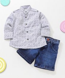 Knotty Kids Full Sleeves Printed Shirt & Denim Shorts Combo - White Knotty Kids Full Sleeves Printed Shirt & Denim Shorts Combo - White