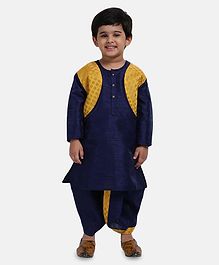 BownBee Full Sleeves Kurta With Jacquard Attached Jacket & Dhoti Set - Blue BownBee Full Sleeves Kurta With Jacquard Attached Jacket & Dhoti Set - Blue