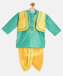 BownBee Full Sleeves Embroidered Kurta With Attached Jacket & Dhoti Set - Green Yellow BownBee Full Sleeves Embroidered Kurta With Attached Jacket & Dhoti Set - Green Yellow